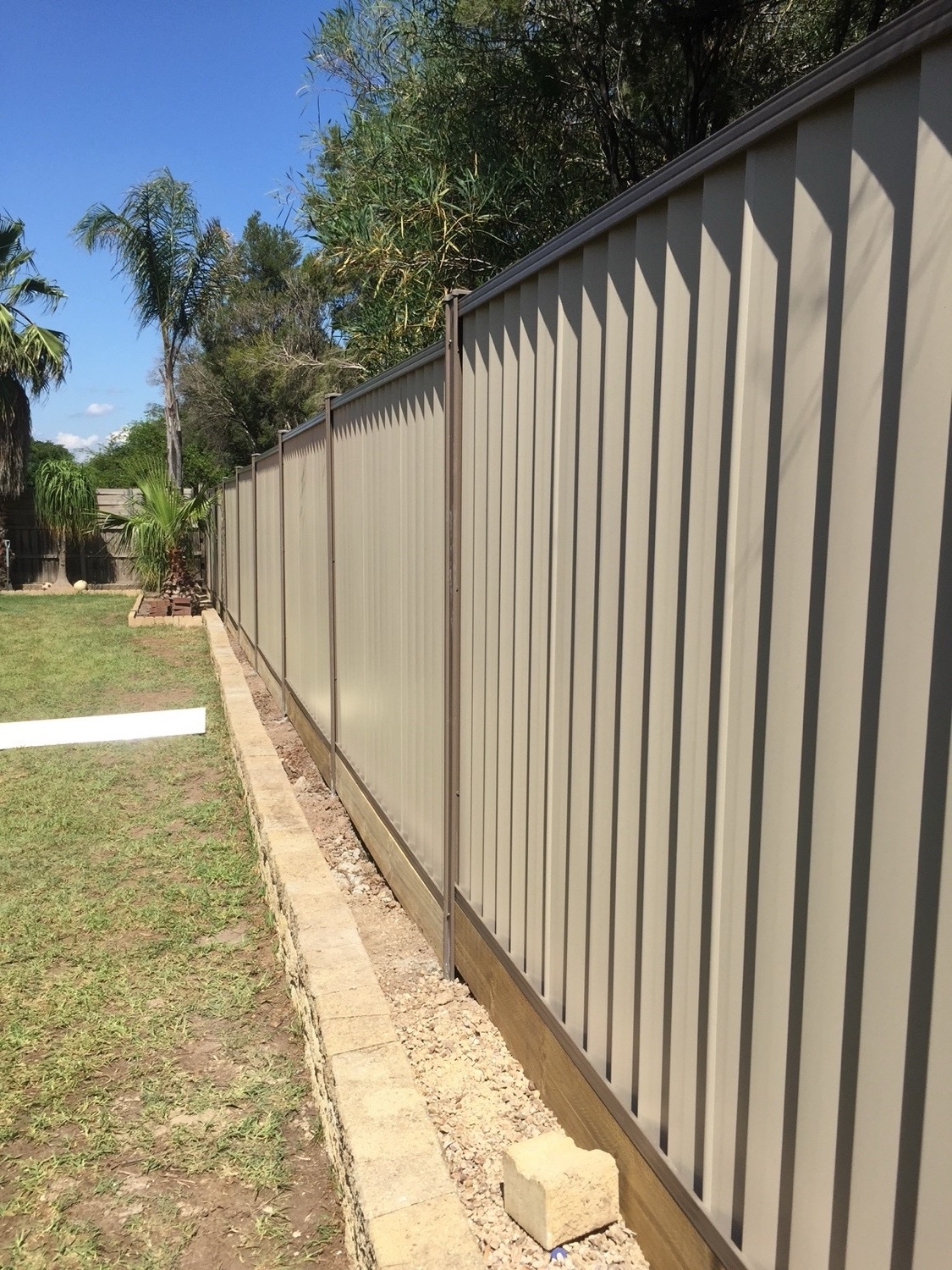 Cream Colorbond fence in a sunny backyard